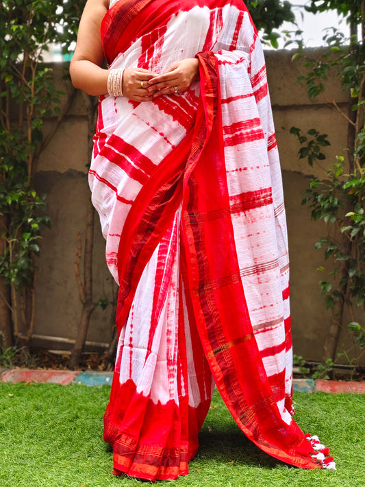 Cherry Red & White Tie Dye Pure Cotton Saree