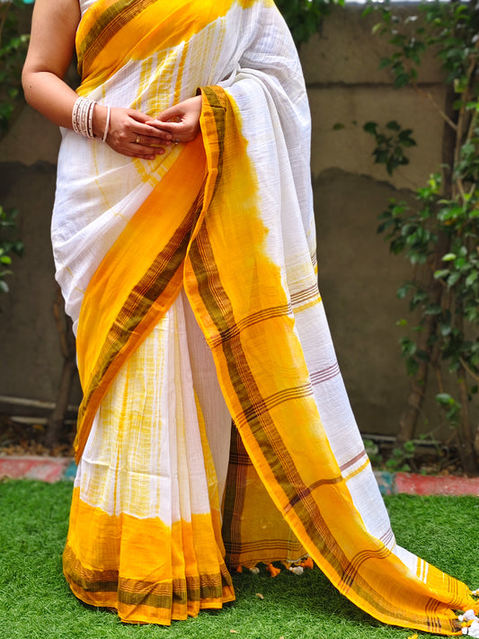Yellow & White Tie Dye Pure Cotton Saree
