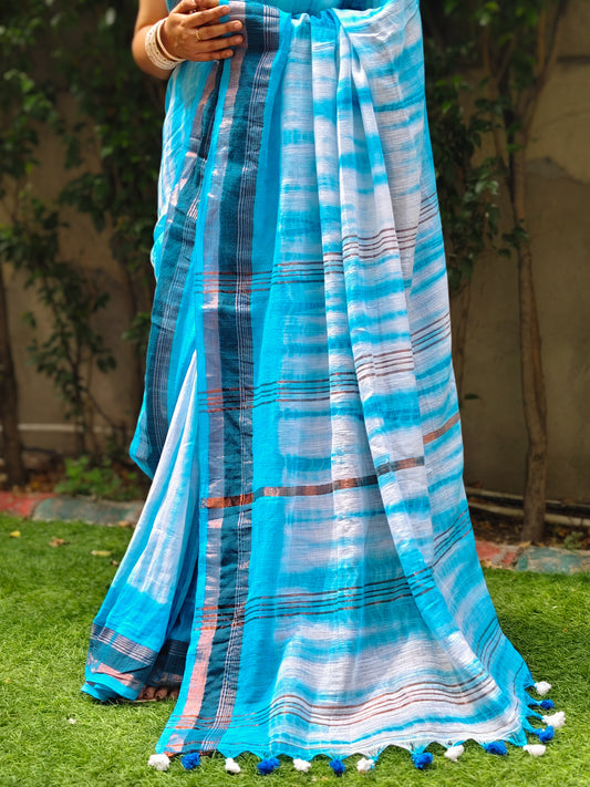 Blue & White Tie Dye Pure Cotton Saree