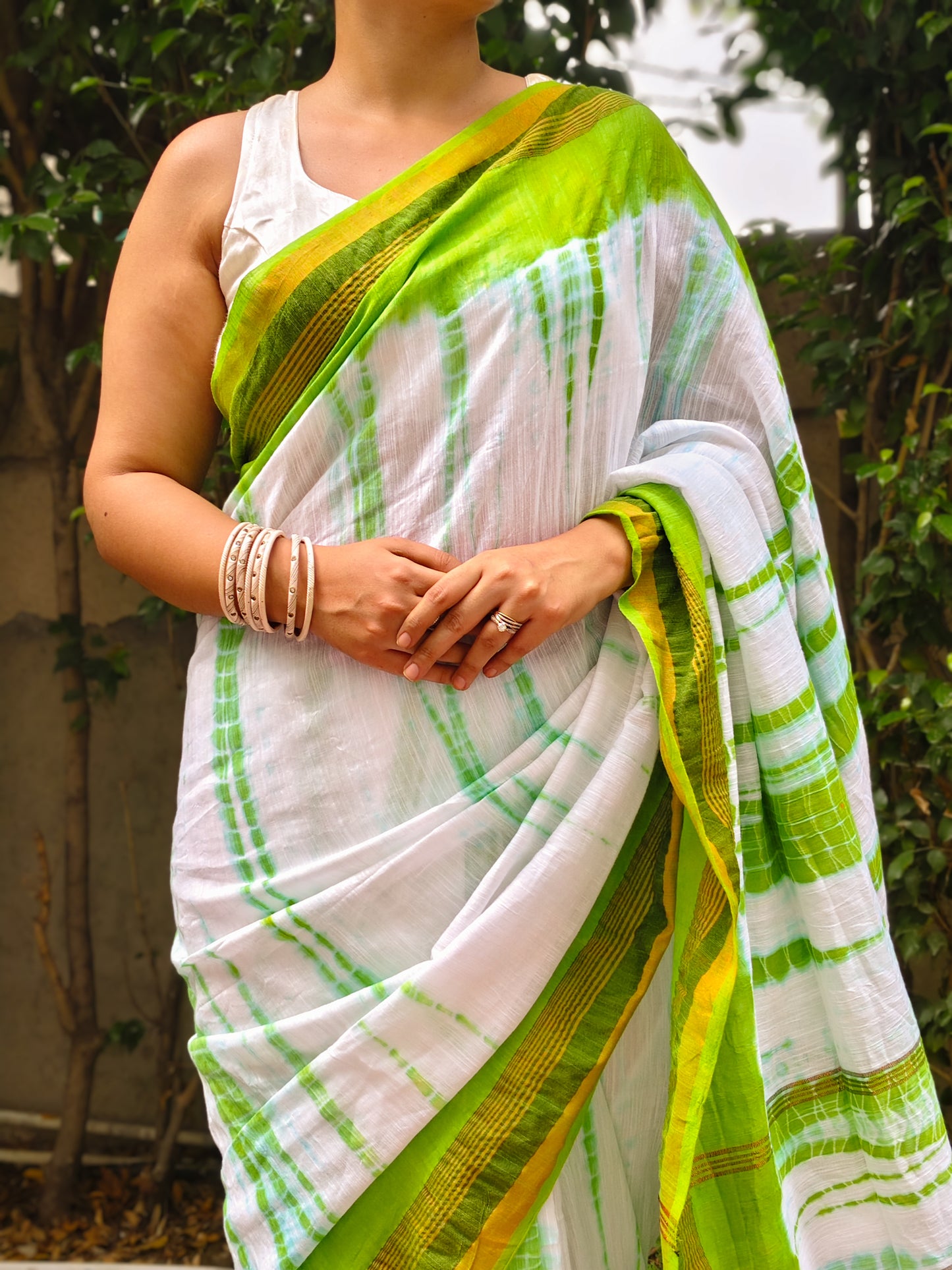 Green & White Tie Dye Pure Cotton Saree