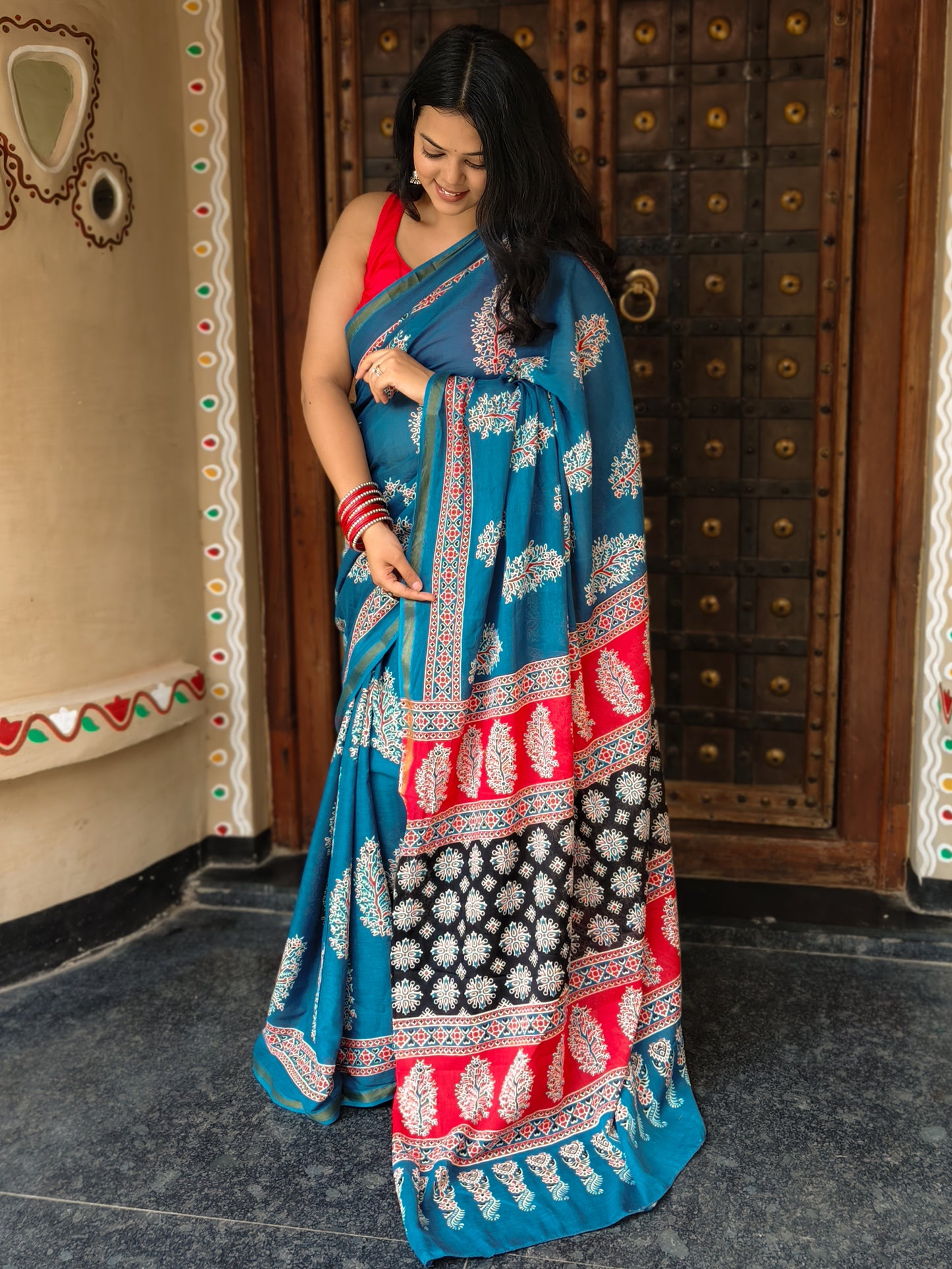 Blue Handblock Printed Chanderi Cotton Saree