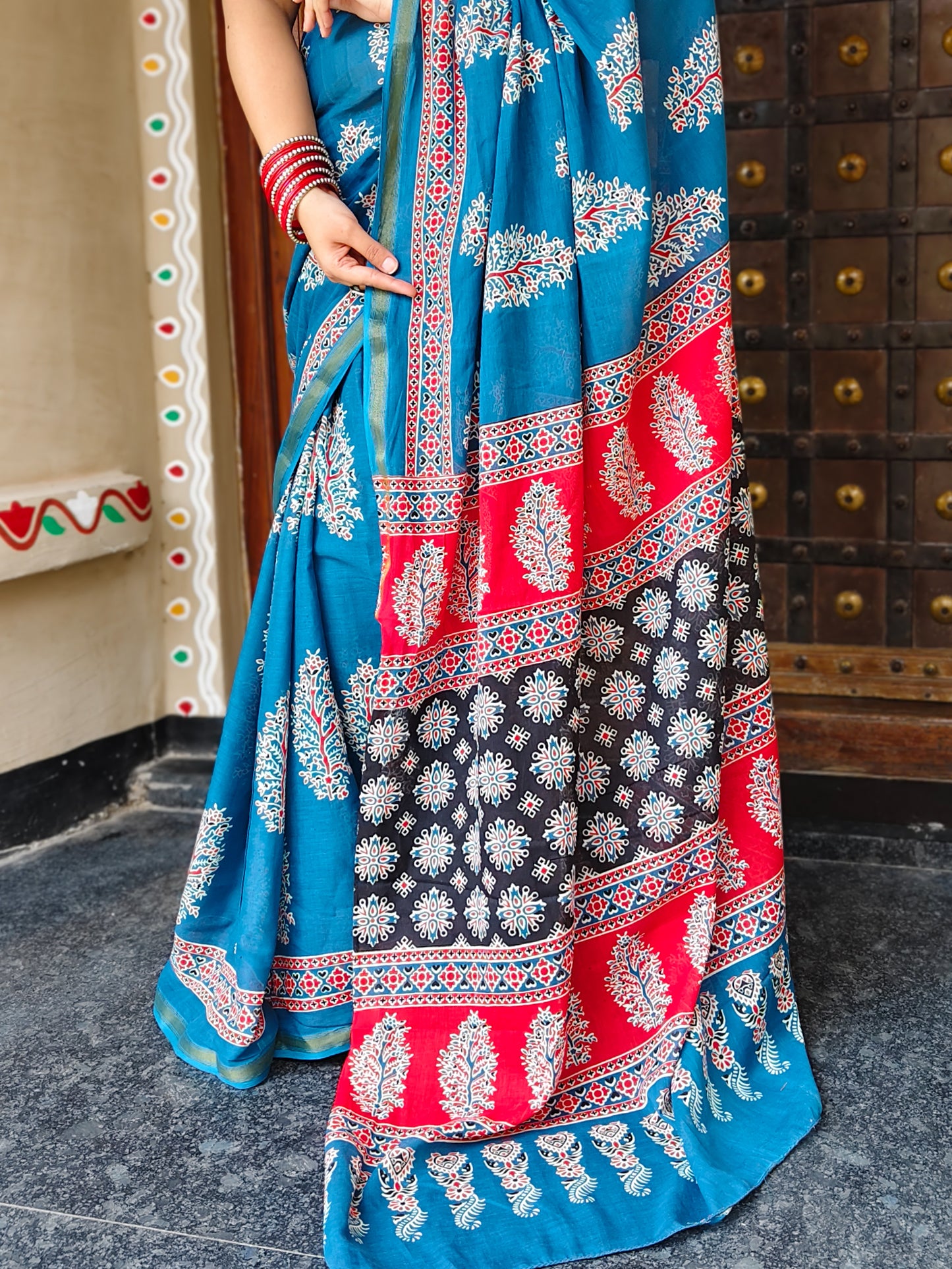 Blue Handblock Printed Chanderi Cotton Saree