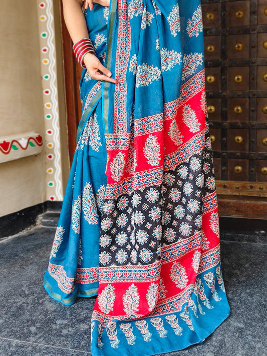 Blue Handblock Printed Chanderi Cotton Saree