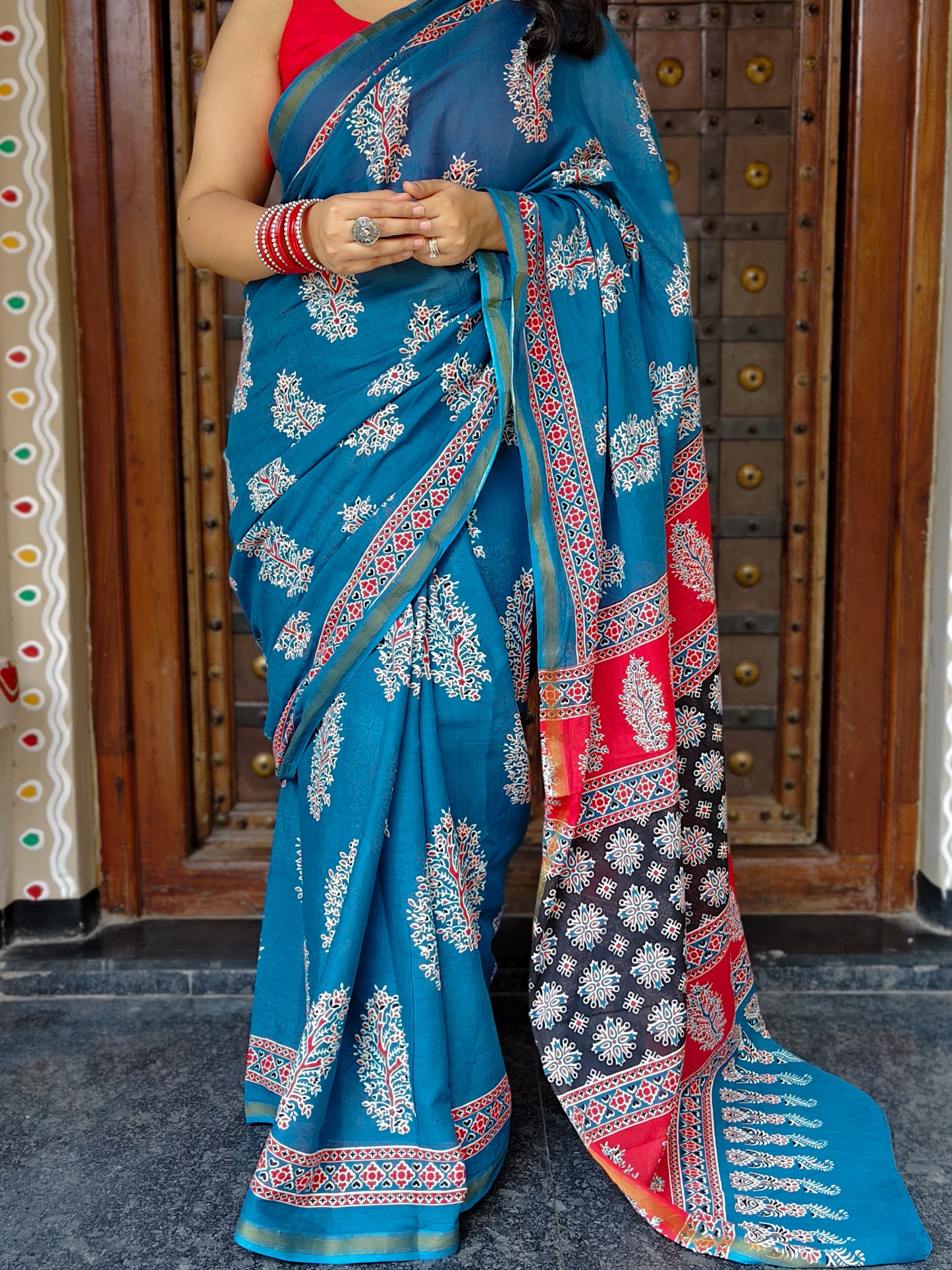 Blue Handblock Printed Chanderi Cotton Saree