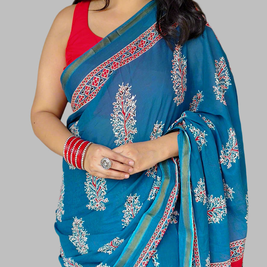 Blue Handblock Printed Chanderi Cotton Saree