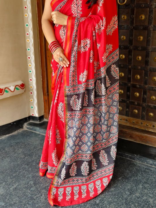 Surkh Red Handblock Printed Chanderi Cotton Saree