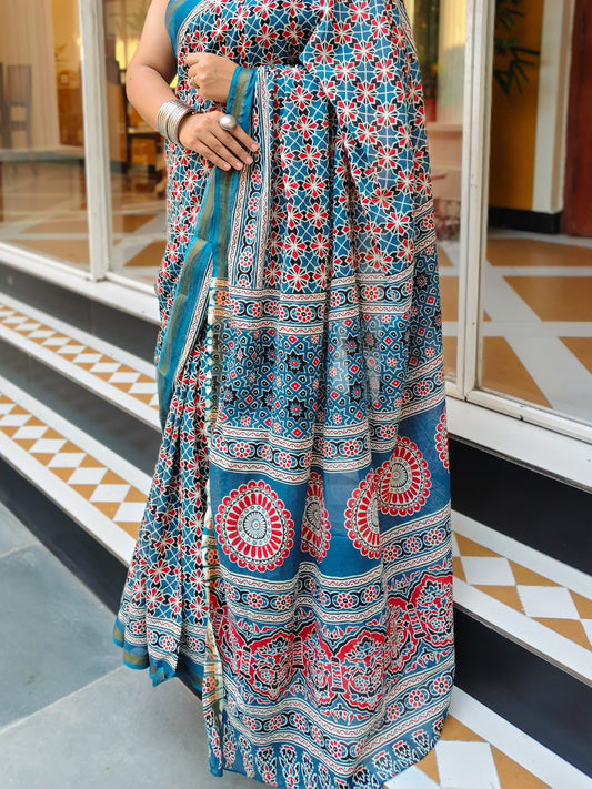 Teal & White Handblock Printed Chanderi Cotton Saree