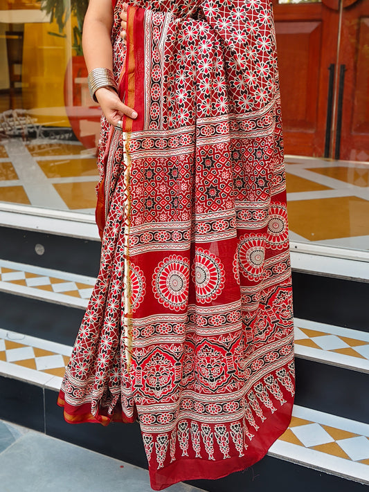Rust & White Handblock Printed Chanderi Cotton Saree