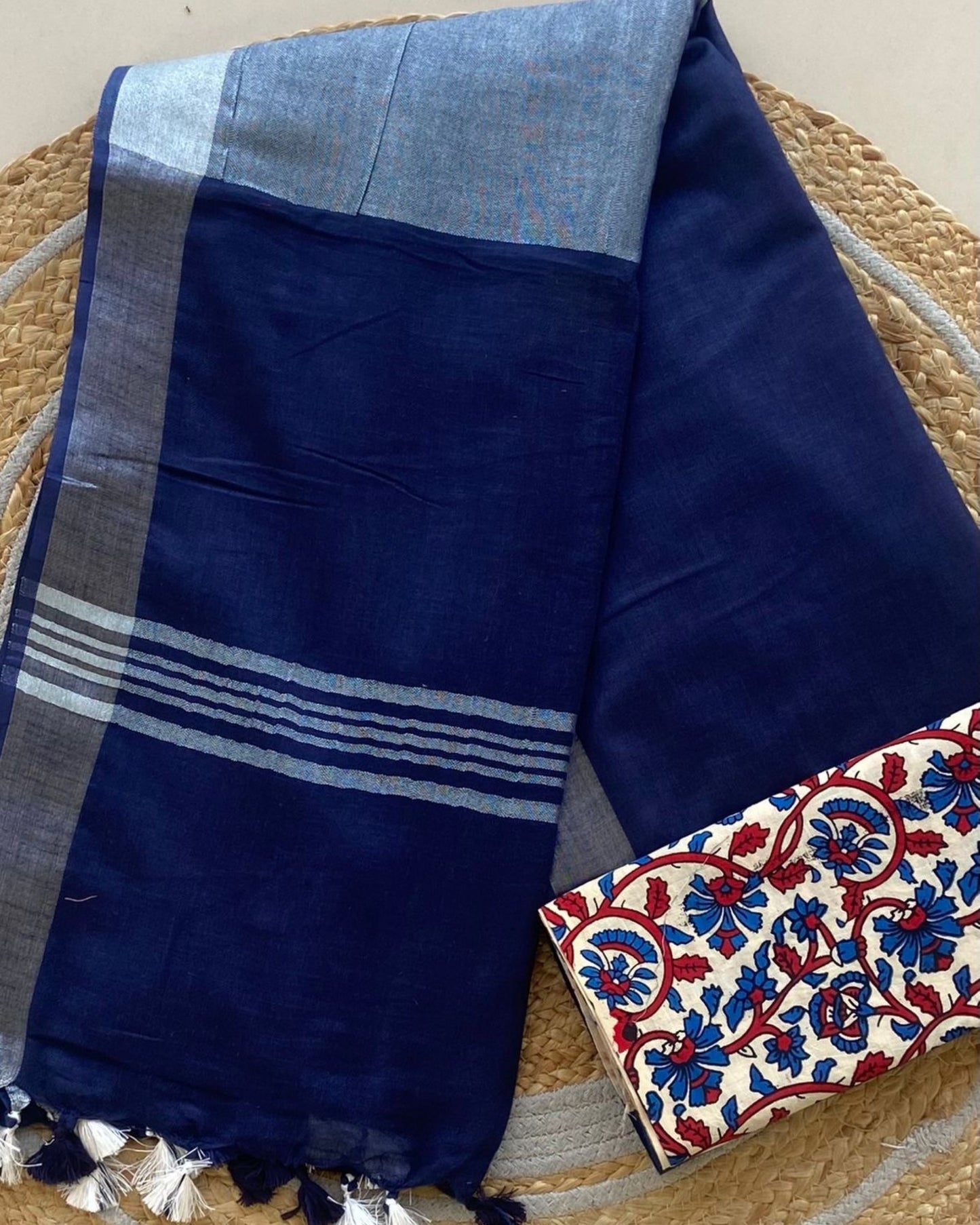 Indigo Pure Linen Saree With Handblock Printed Blouse Piece