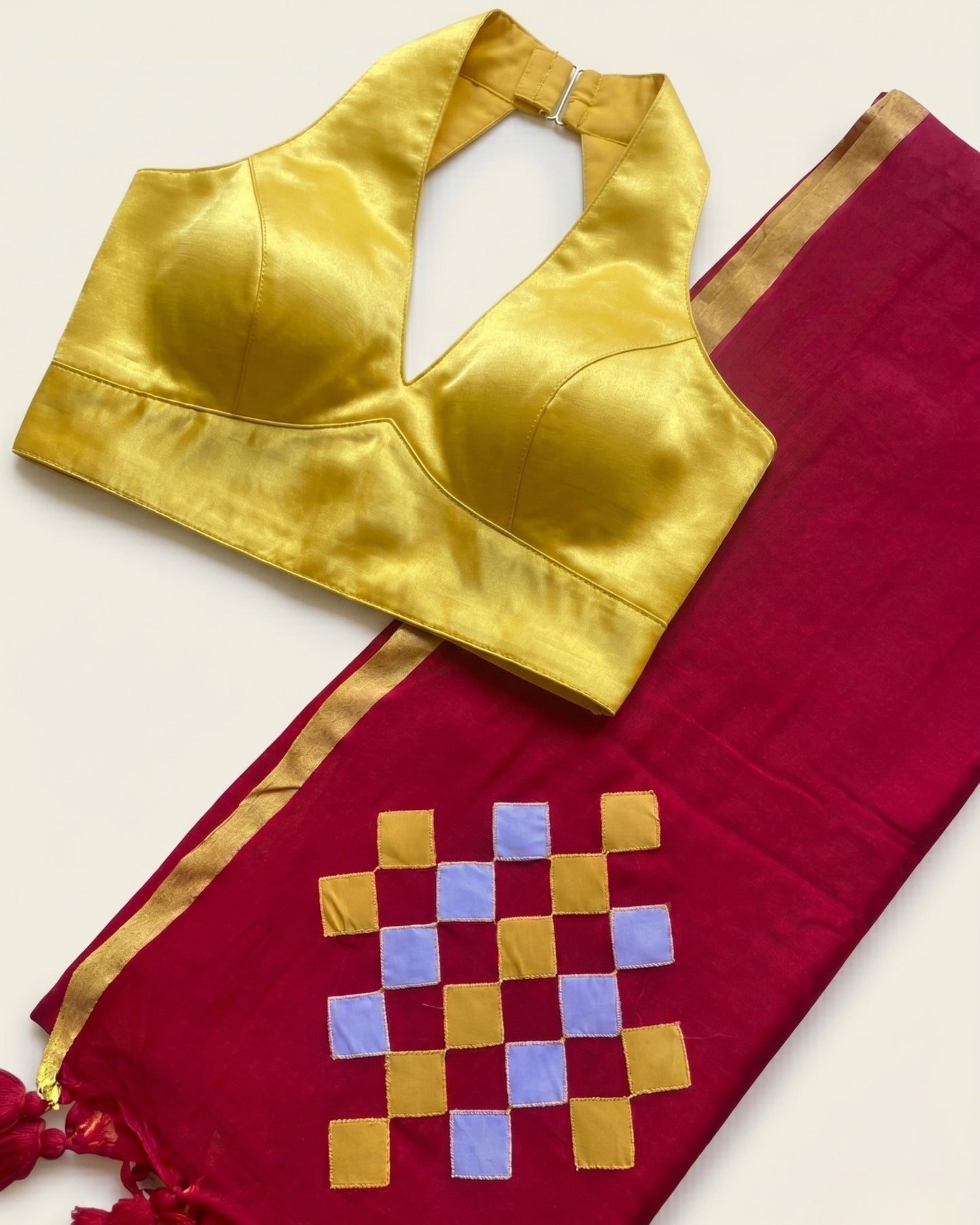 Laal Patchwork Handloom Cotton Saree + Yellow Gajji Silk Blouse Combo