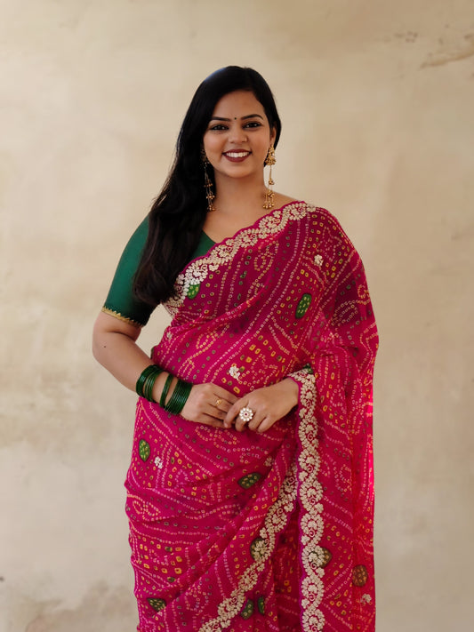 Pink Bandhani Printed Georgette Saree