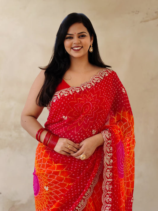 Red And Orange Bandhani Printed Georgette Saree