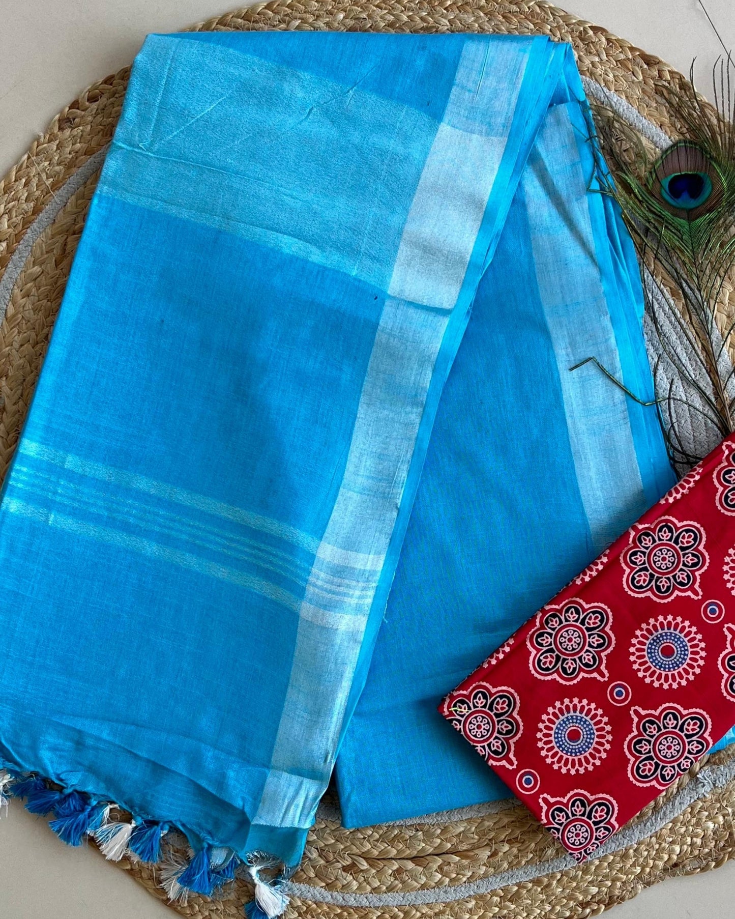 Sky Blue Pure Linen Saree With Handblock Printed Blouse Piece