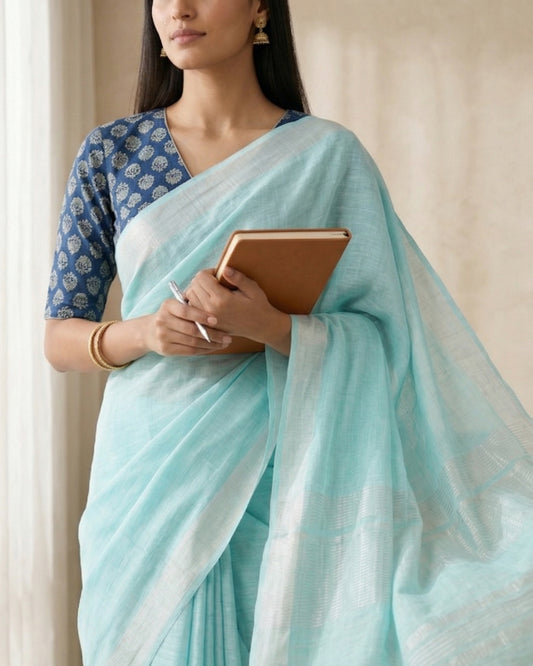 Soft Teal Pure Linen Saree With Handblock Printed Blouse Piece
