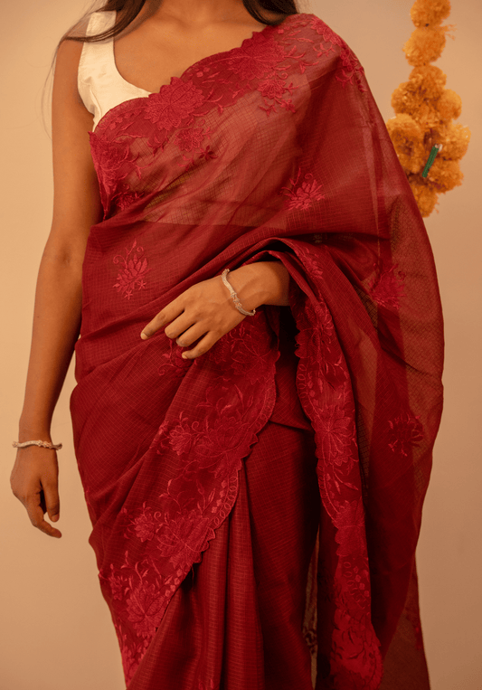 Maroon Cutwork Kota Doria Saree