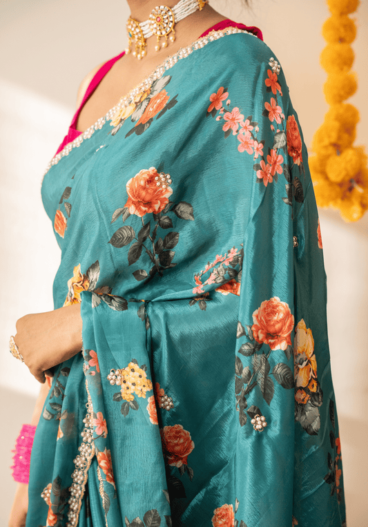 Teal Green Floral Pure Chinon Saree With Embroidery