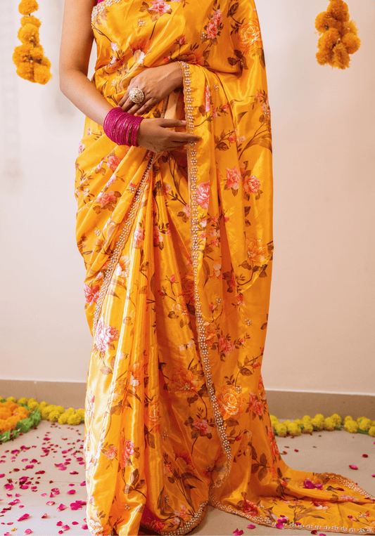 Mustard Yellow Floral Pure Chinon Saree With Embroidery