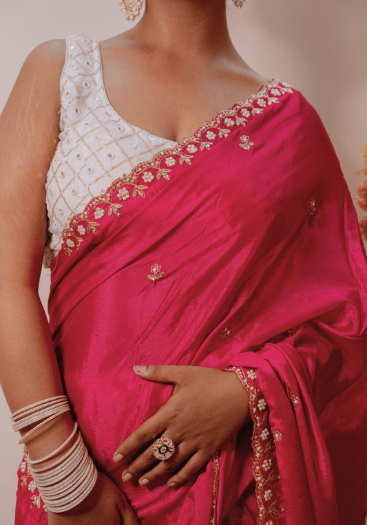 Rani Pink Chinon Saree With Embroidery