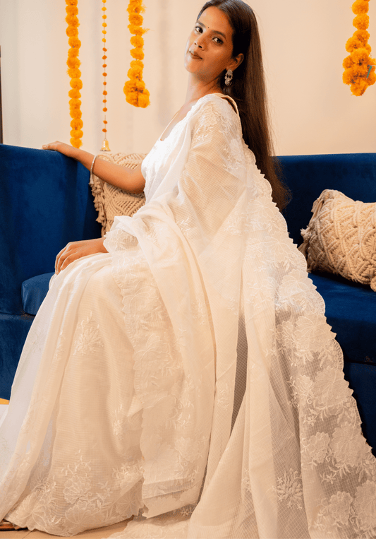 Ivory Cutwork Kota Doria Saree