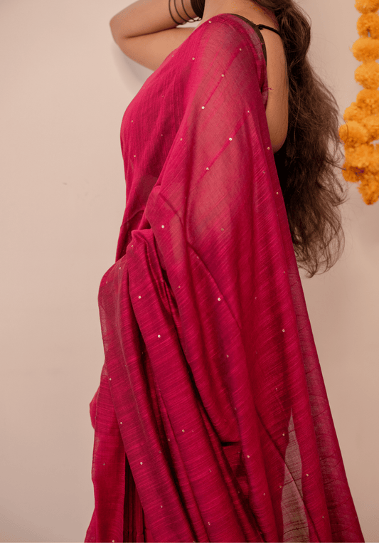 Pink Soft Cotton Sequins Saree