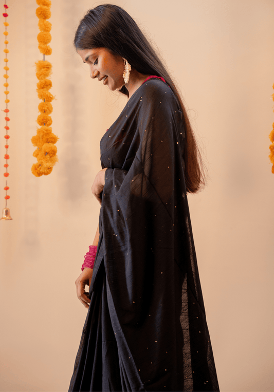 Black Soft Cotton Sequins Saree