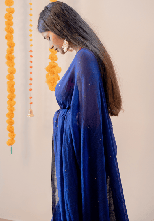 Electric Blue Soft Cotton Sequins Saree