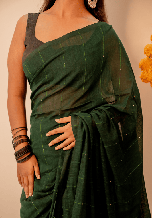 Bottle Green Soft Cotton Sequins Saree
