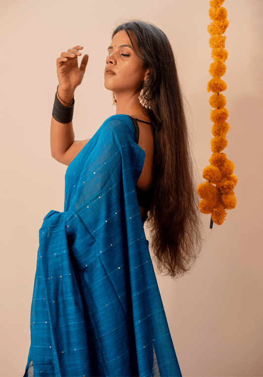 Blue Soft Cotton Sequins Saree