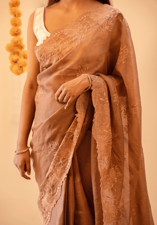 Mocha Brown Cutwork Kota Doria Saree