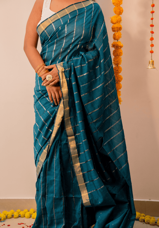 Teal Green Soft Cotton Sequins Saree With Zari Border