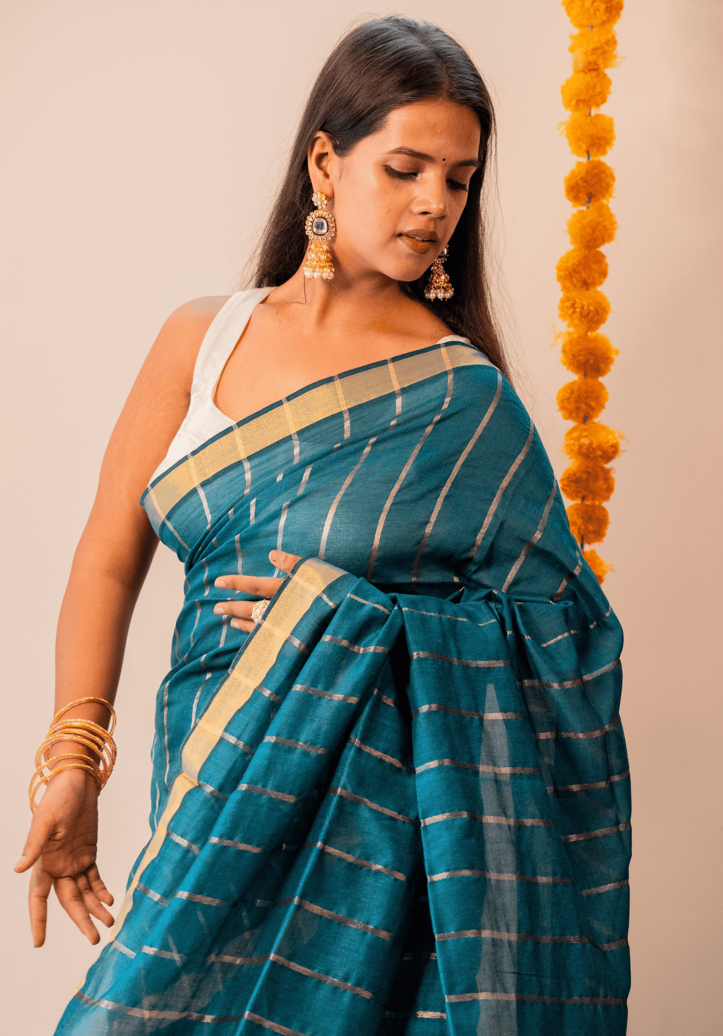 Teal Green Soft Cotton Sequins Saree With Zari Border