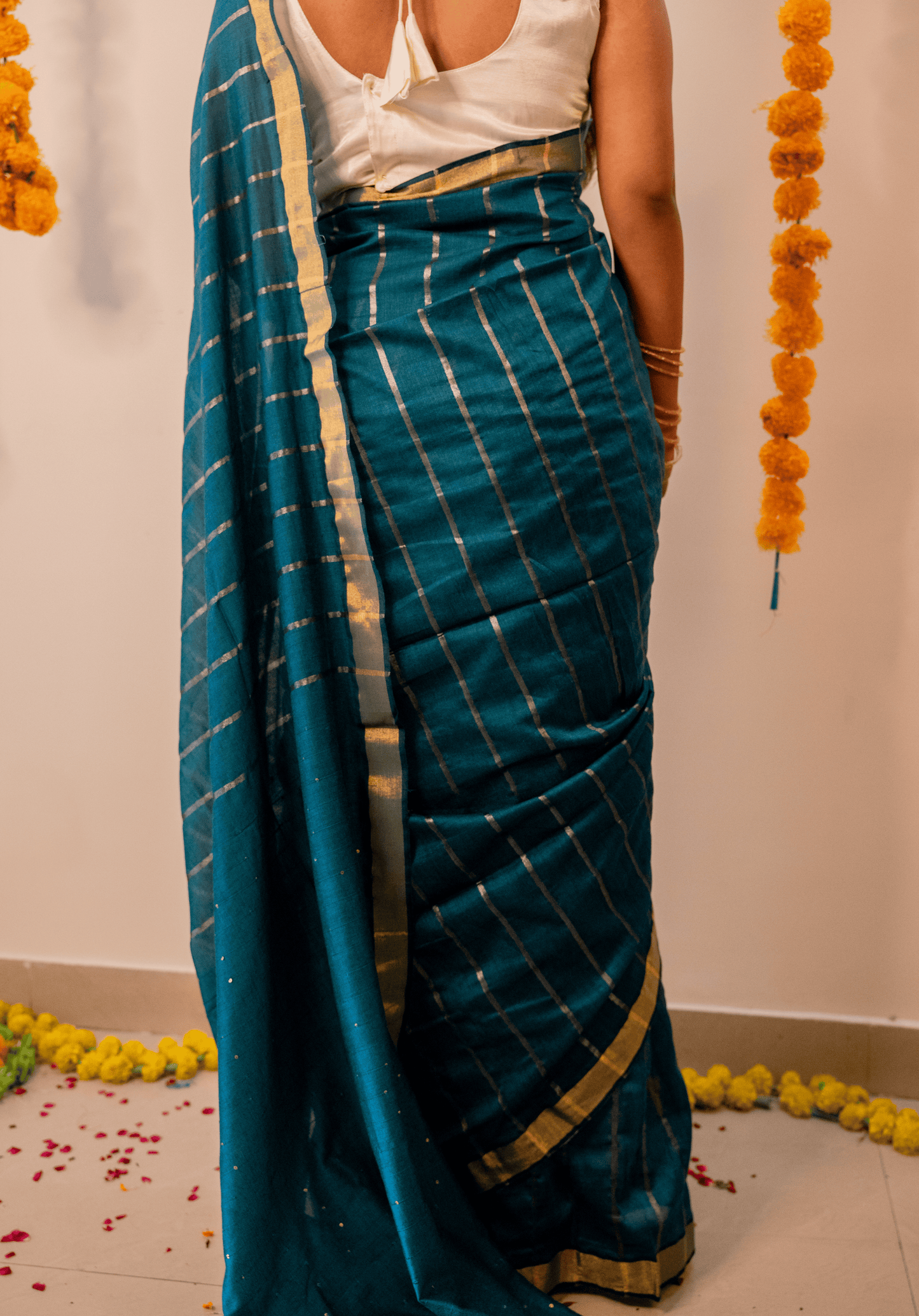 Teal Green Soft Cotton Sequins Saree With Zari Border