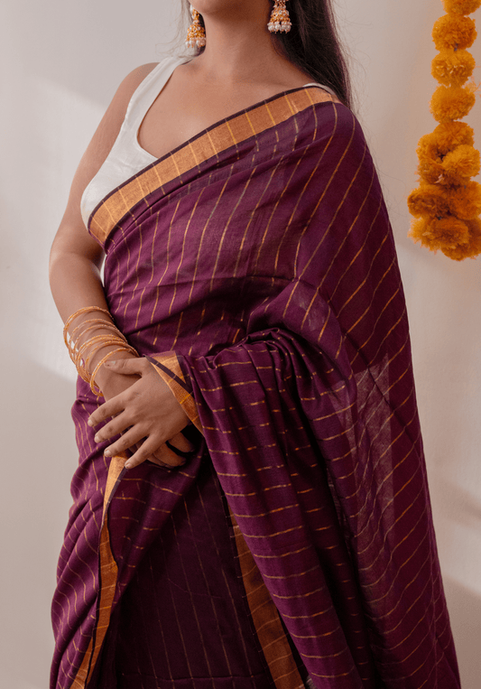 Wine Soft Cotton Sequins Saree With Zari Border
