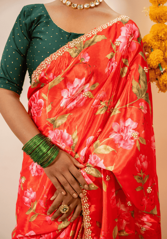 Cherry Red Floral Pure Chinon Saree With Embroidery