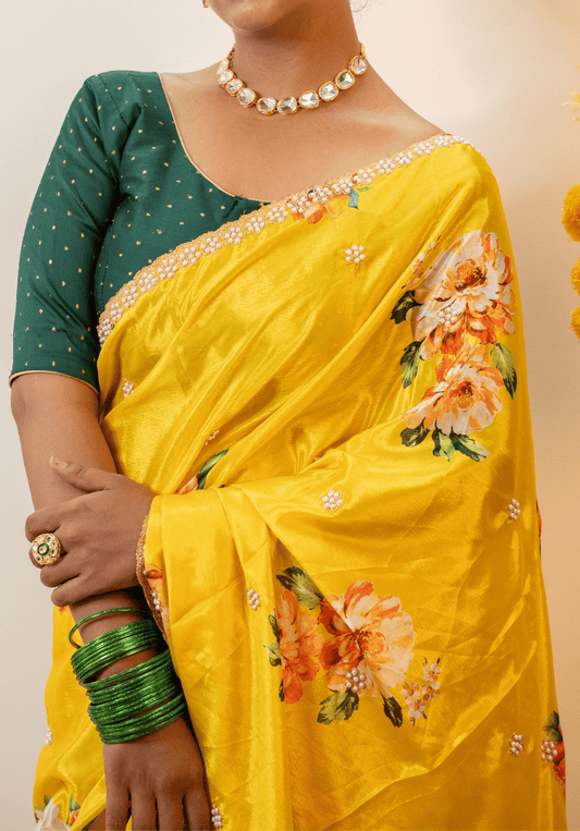 Lemon Yellow Floral Pure Chinon Saree With Embroidery