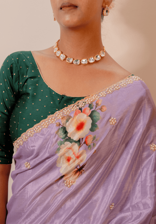 Lilac Floral Pure Chinon Saree With Embroidery