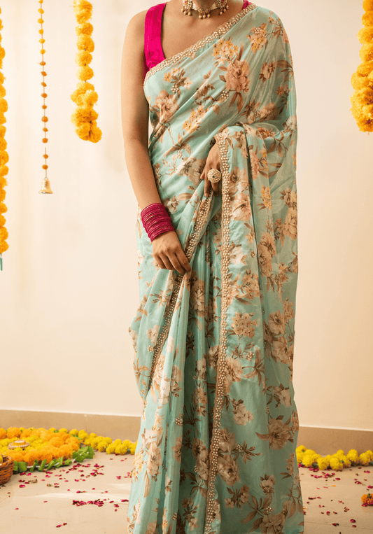 Pastel Green Floral Pure Chinon Saree With Embroidery