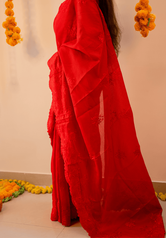 Red Cutwork Kota Doria Saree