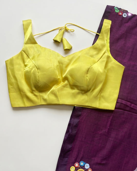 Wine Mirrowork Handloom Cotton Saree With + Yellow Glass Roman Blouse Combo