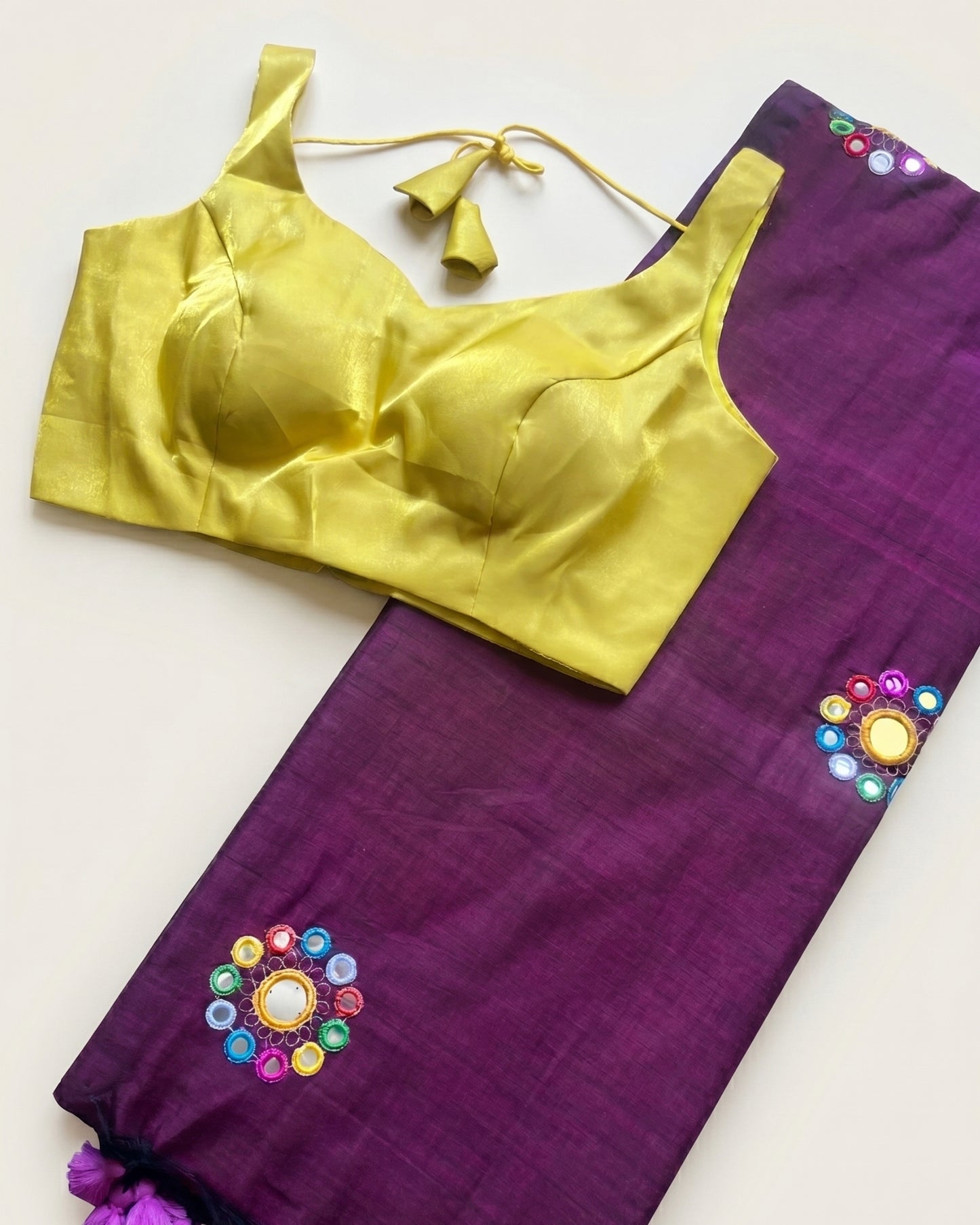 Wine Mirrowork Handloom Cotton Saree With + Yellow Glass Roman Blouse Combo