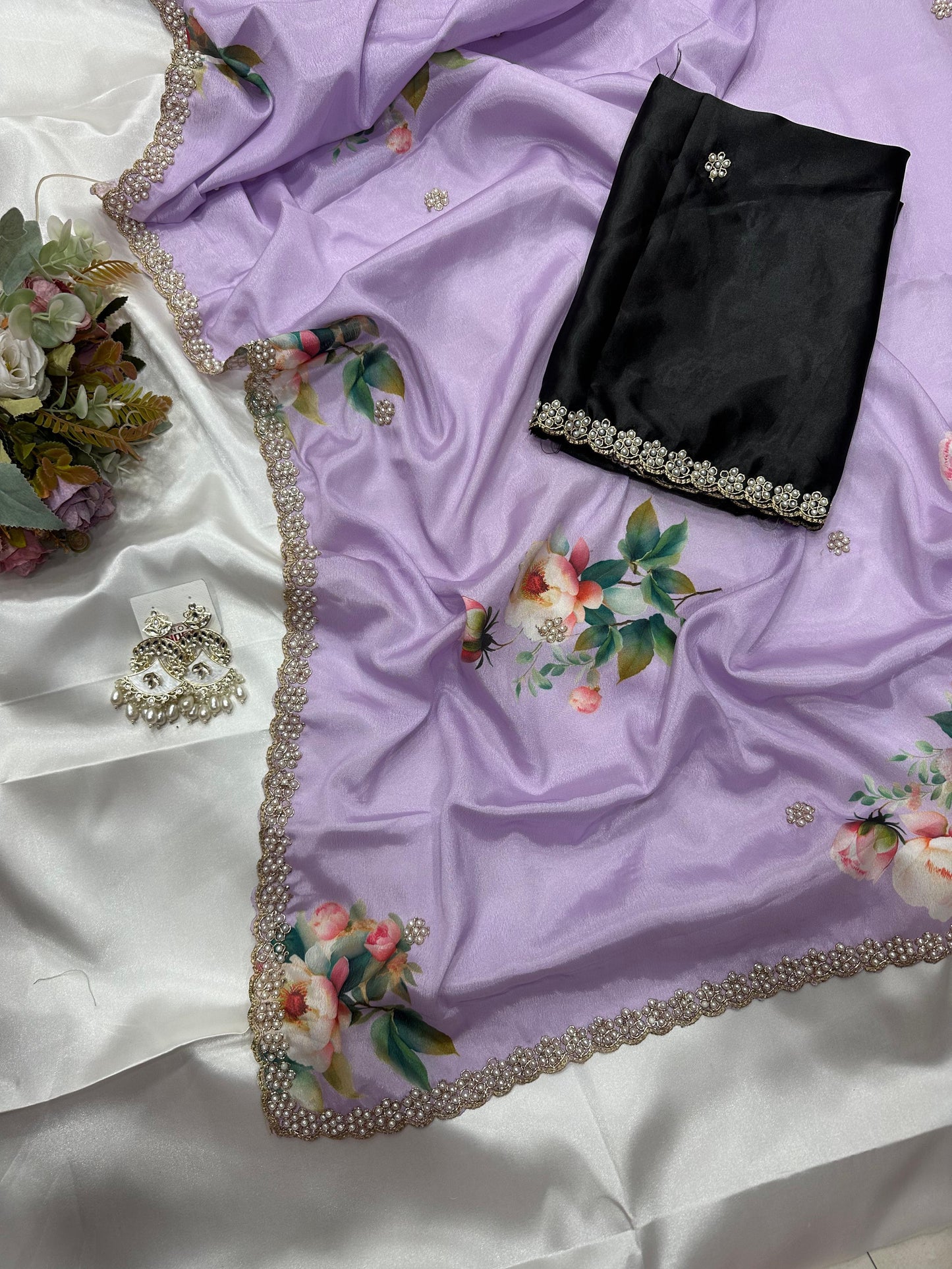 Lilac floral embroidered chinon saree with black blouse piece