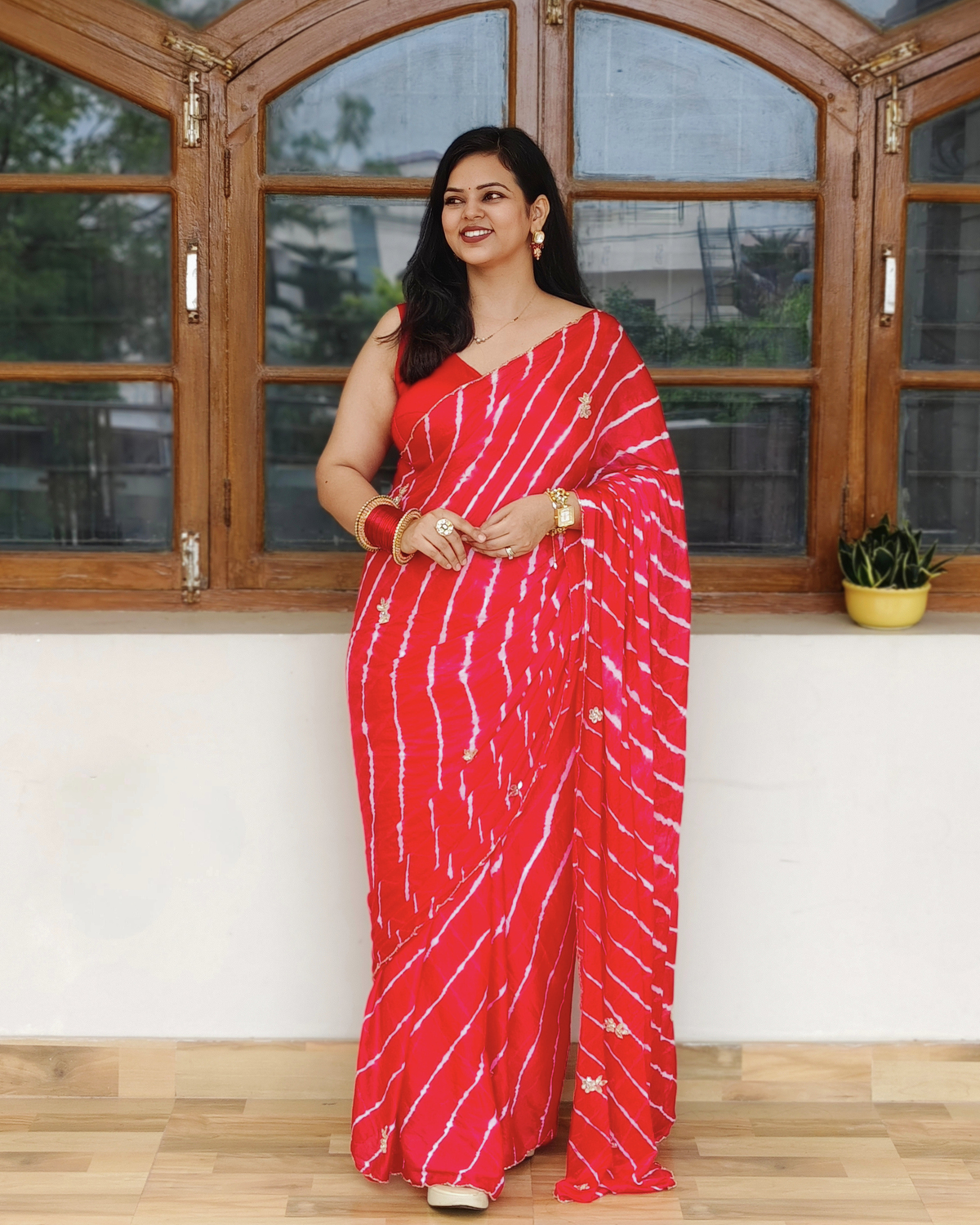 Red Embroidered Leheriya Chinon Saree