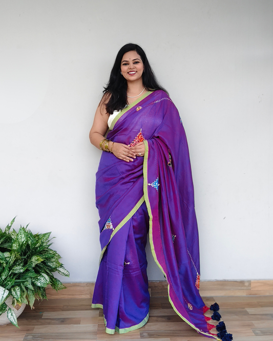 Purple Dual Tone Printed Patchwork Soft Cotton Saree