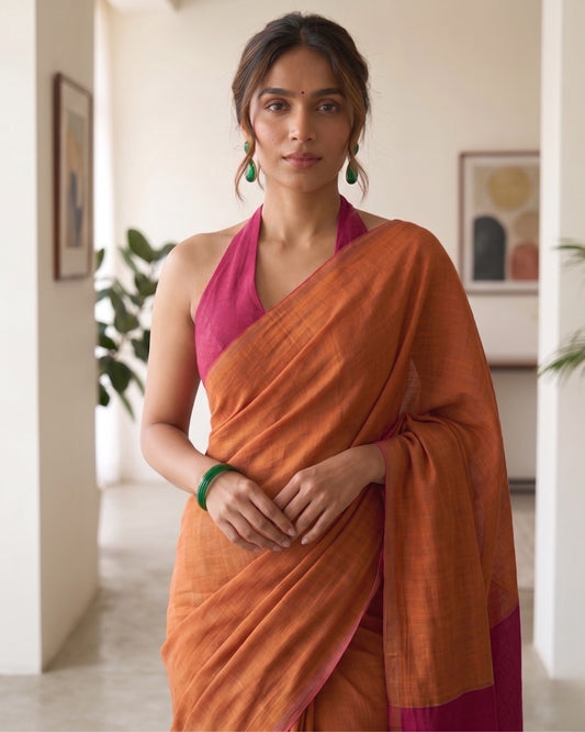 Burnt Orange and Pink Handwoven Khadi Cotton Saree
