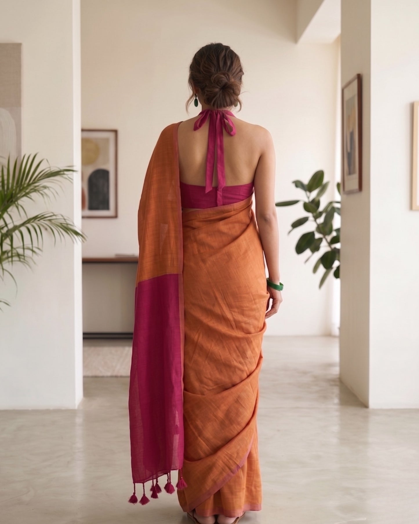 Burnt Orange and Pink Handwoven Khadi Cotton Saree