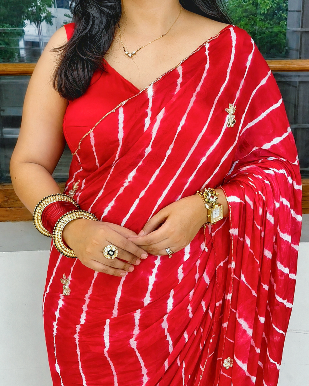 Red Embroidered Leheriya Chinon Saree
