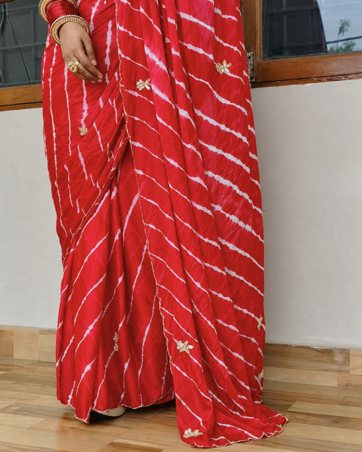 Red Embroidered Leheriya Chinon Saree