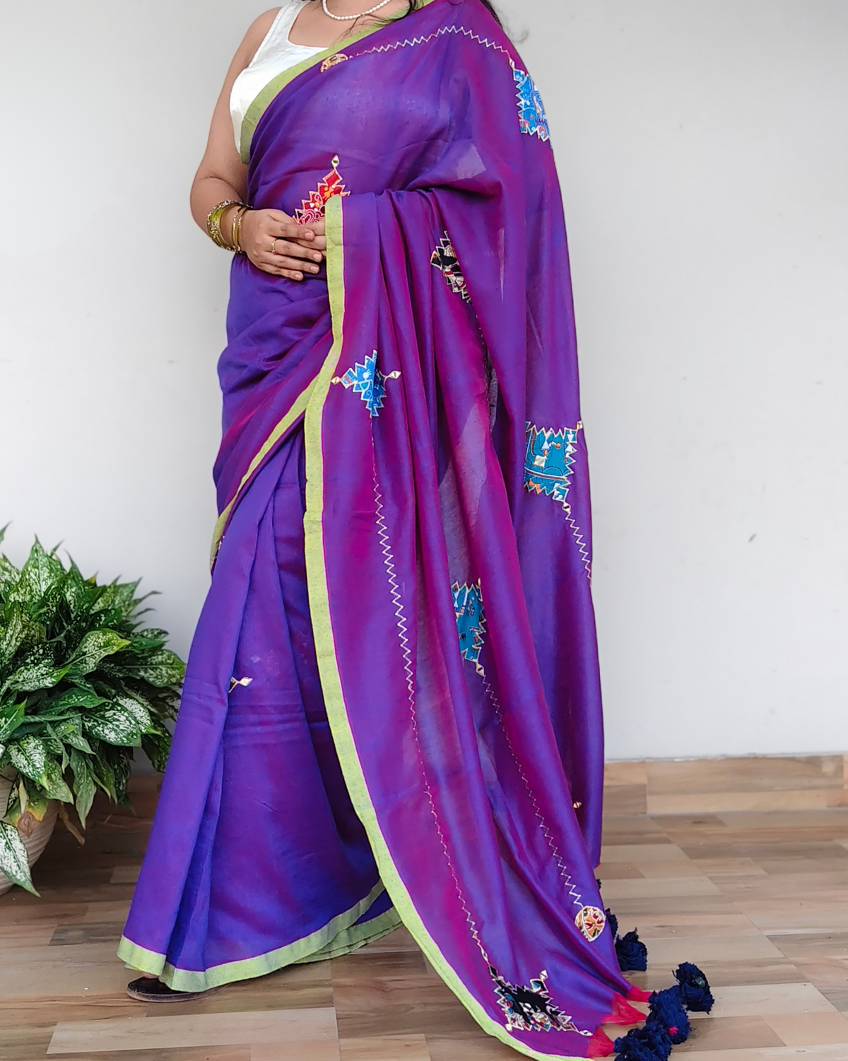 Purple Dual Tone Printed Patchwork Soft Cotton Saree