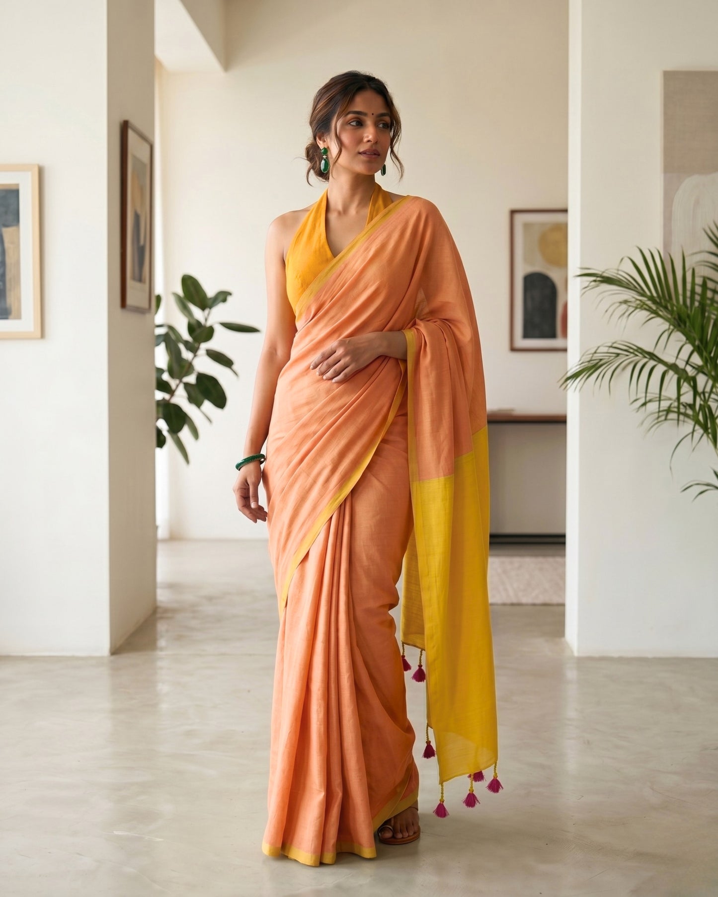 Orange and Yellow Handwoven Khadi Cotton Saree