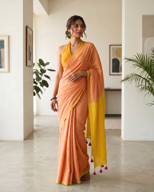 Orange and Yellow Handwoven Khadi Cotton Saree